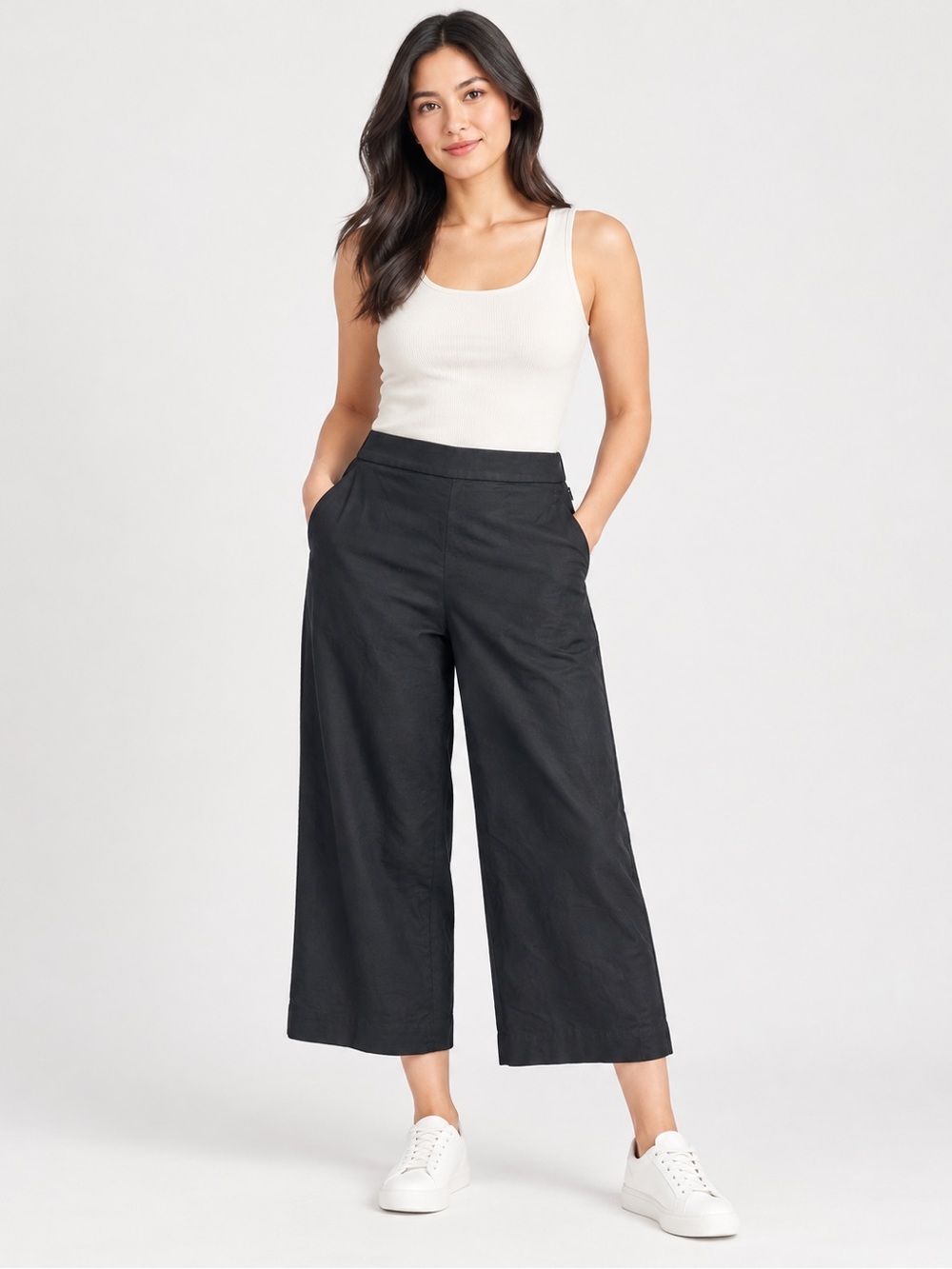 COS Black Cropped Wide Leg Side Zip Pants Size 8 Stretch Cotton